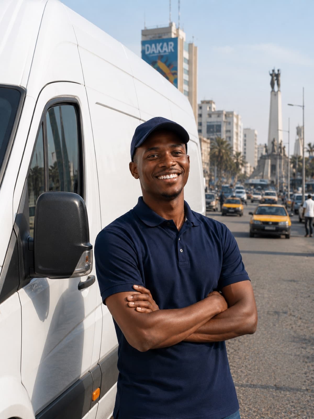 Transporteur souriant devant son fourgon à Dakar