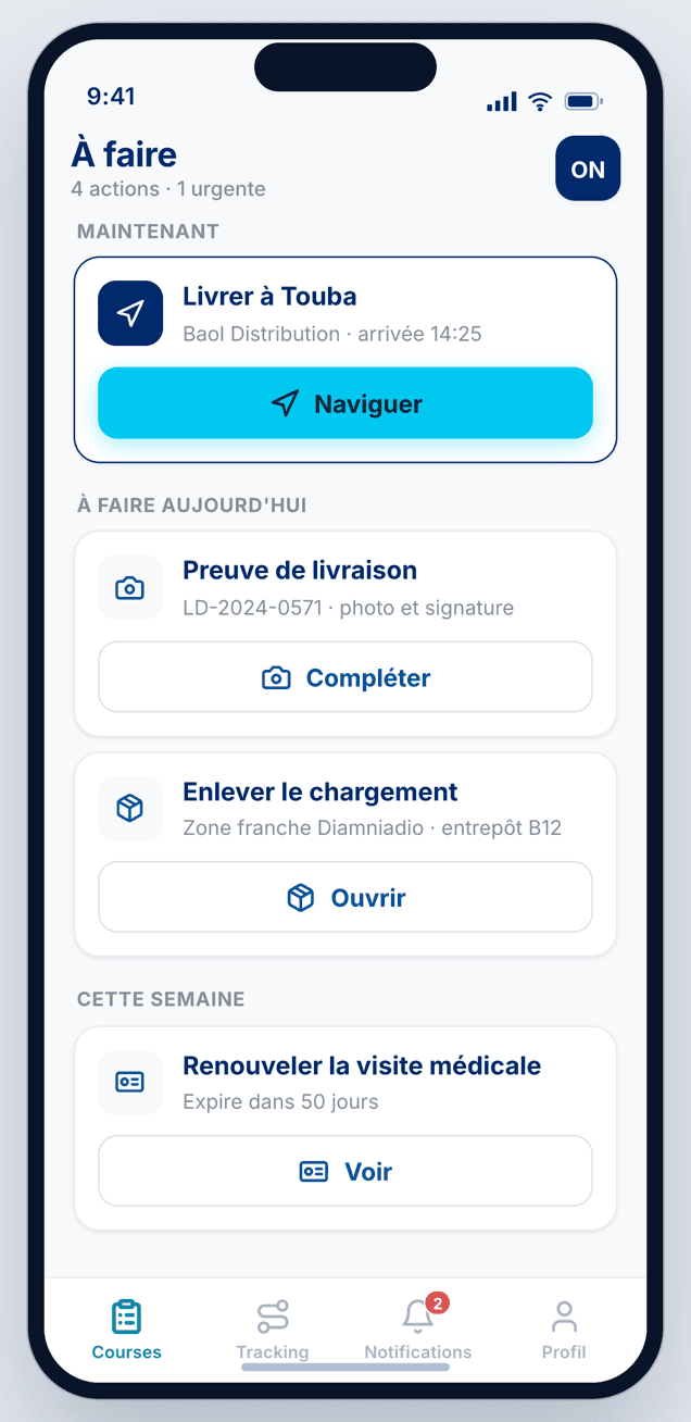 Écran « À faire » du chauffeur dans l’application Transitoo Go