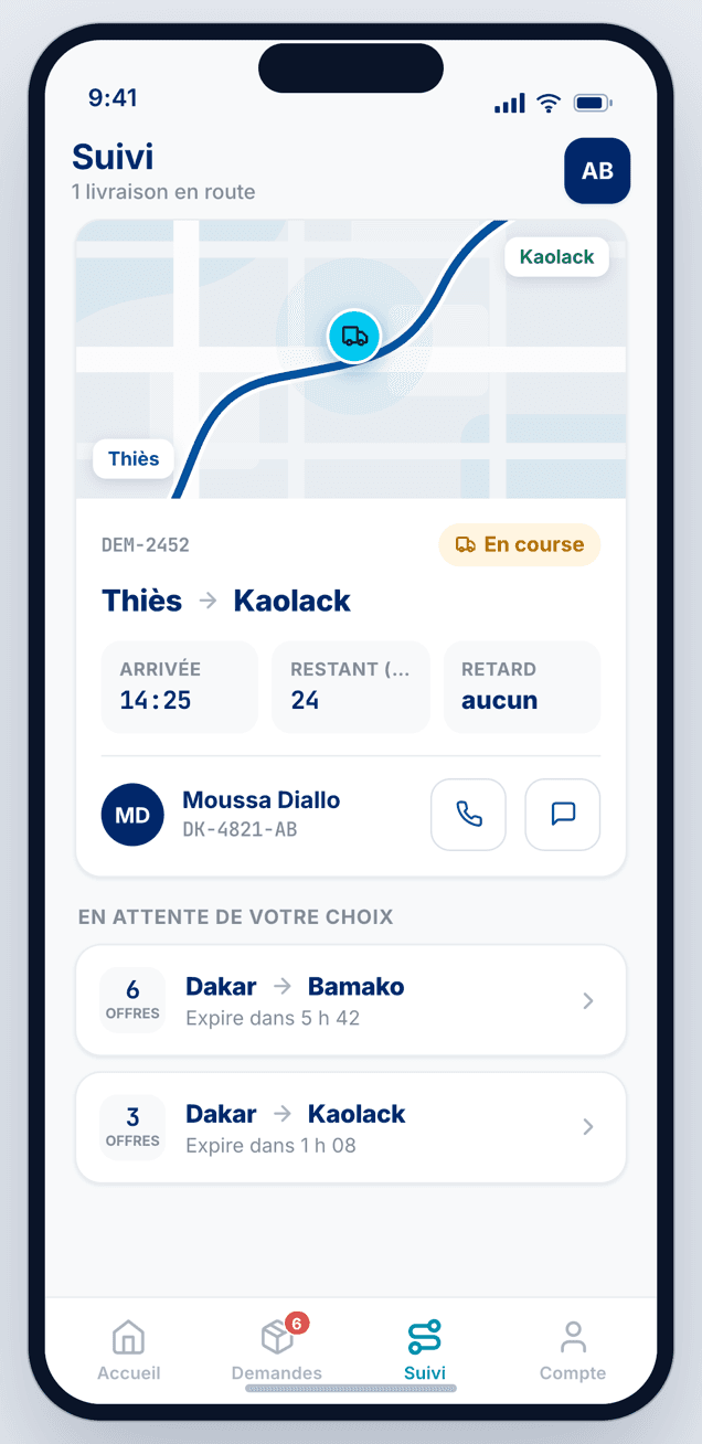 Écran de suivi d’une livraison dans l’application Transitoo Go