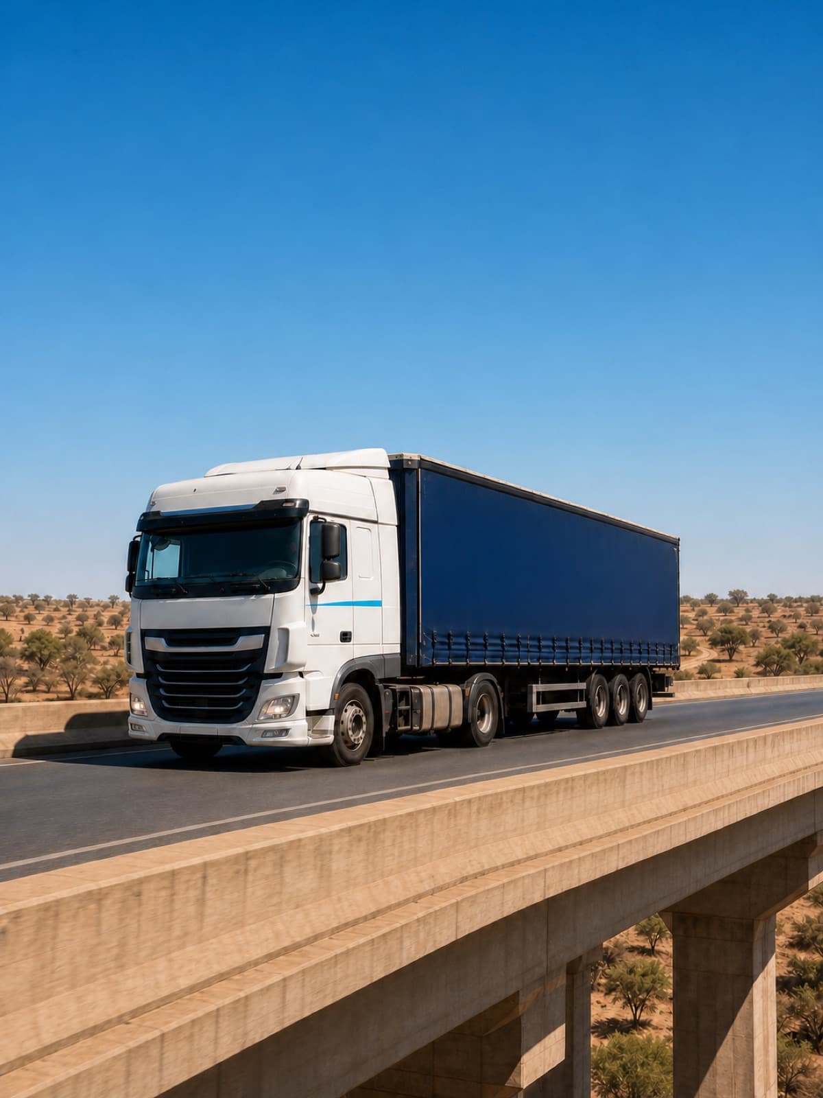 Semi-remorque bâchée sur un pont routier